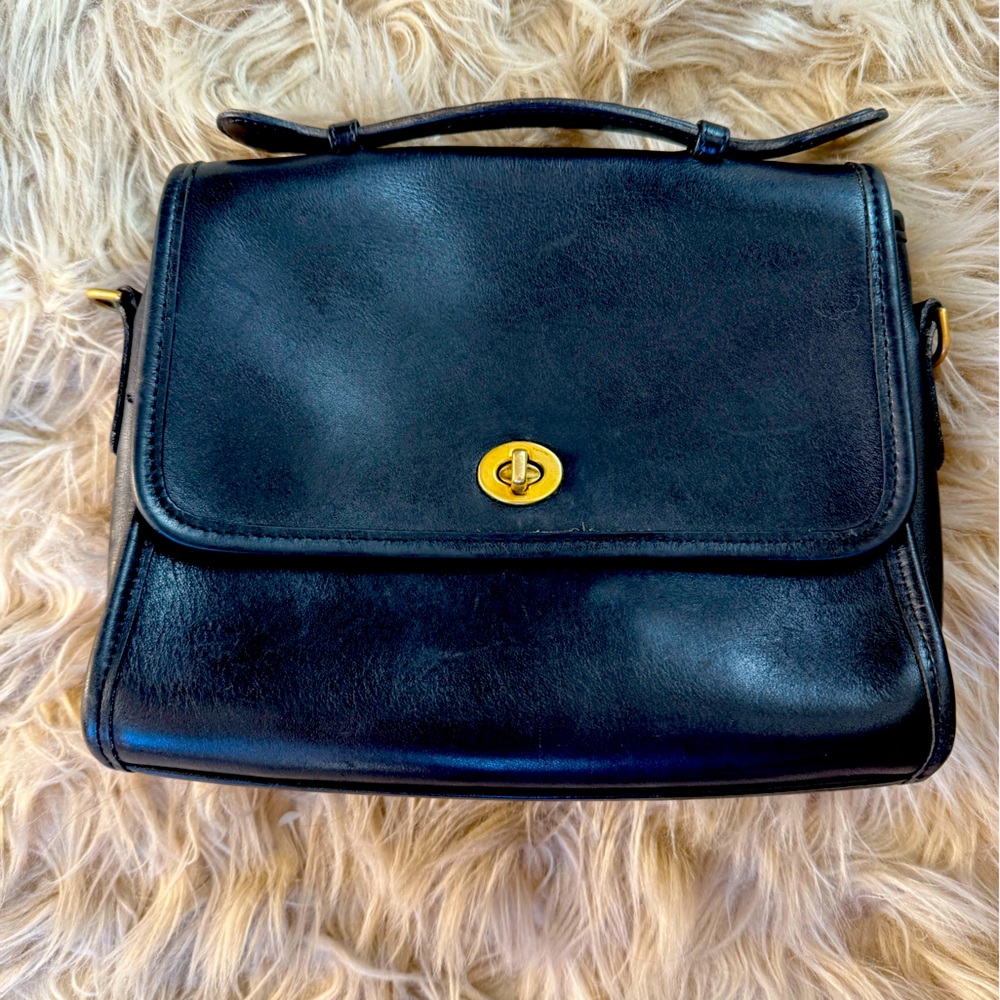 Vintage 90s Coach Court Crossbody Bag Top Handle Black Leather